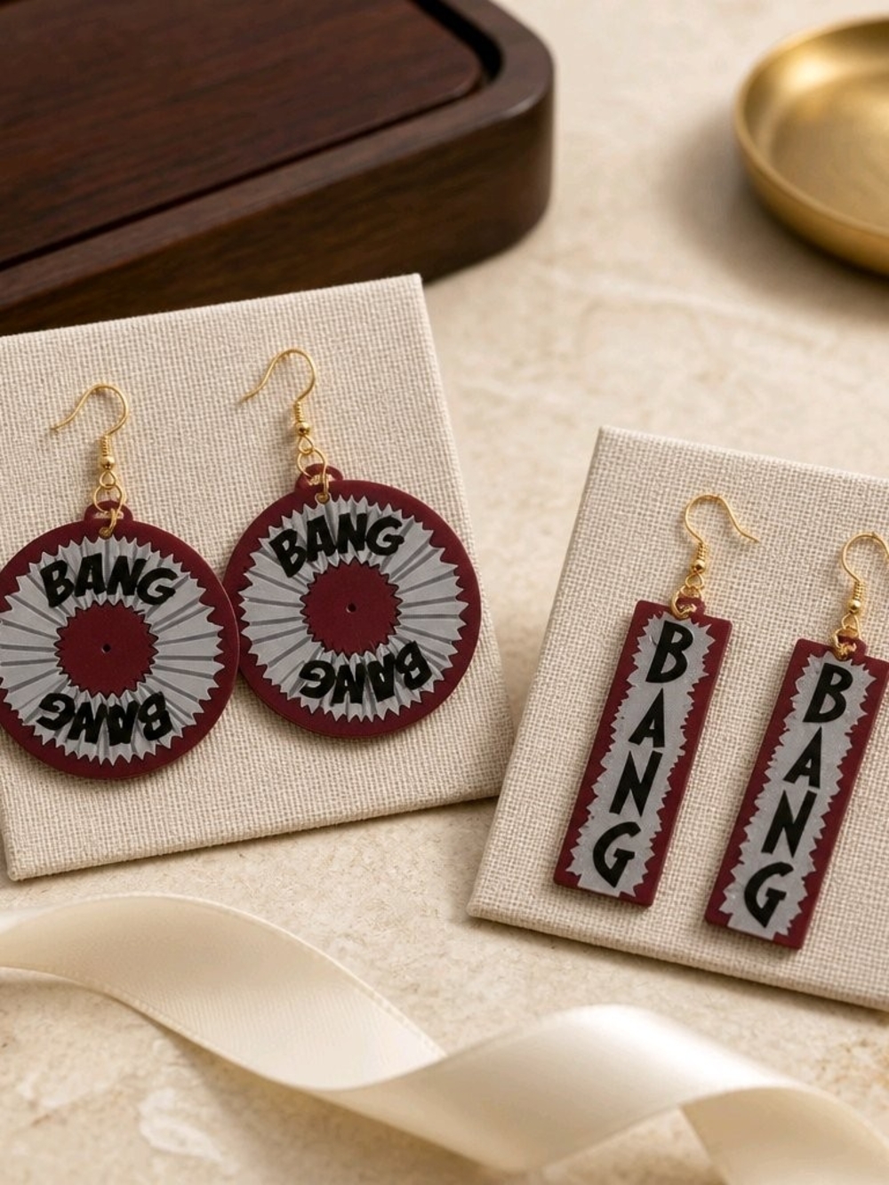 BANG Graphic Maroon and Silver Statement Earrings